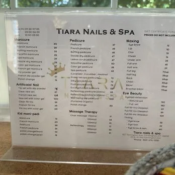 What are the specific nail services offered at Tiara Nails What are the specific nail services offered at Tiara Nails