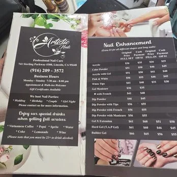 What is the typical cost for artistic nail and spa services